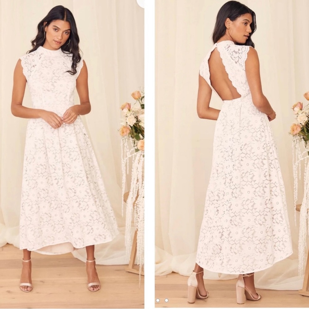 Lulus Sweetest Love Story White Lace High-Low Midi Dress Size M